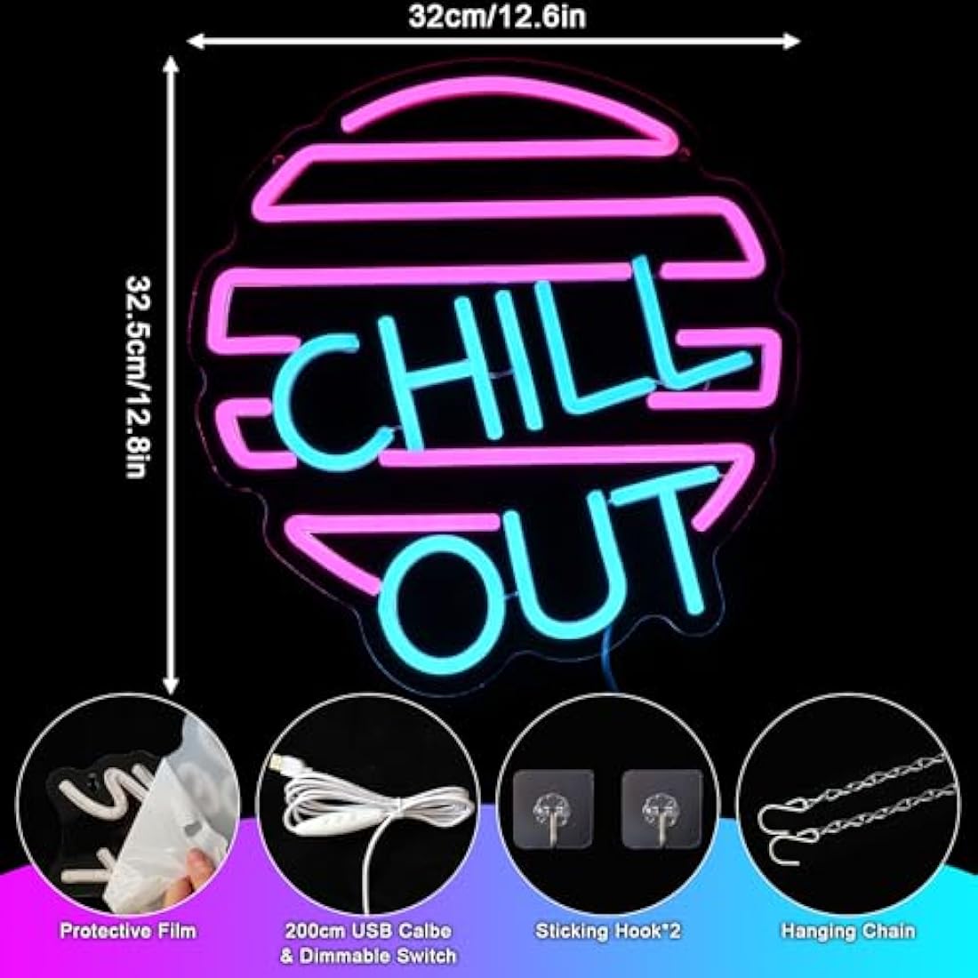 Jolof Store Chill Out Neon Sign – Blue & Pink LED Wall Decor for Game Room