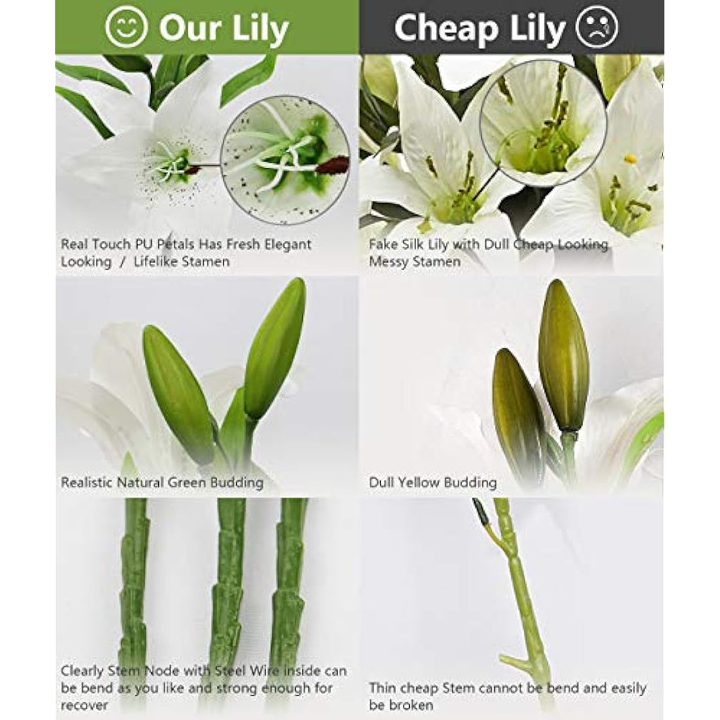 Olrla Real Touch White Artificial Lily Flowers – 6 Pcs Waterproof Faux Lilies