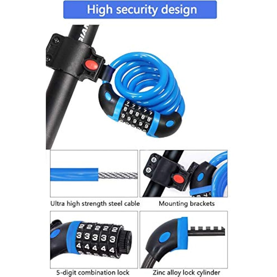 REHKITTZ Bike Lock – 5-Digit Combination 120cm High Security Cable