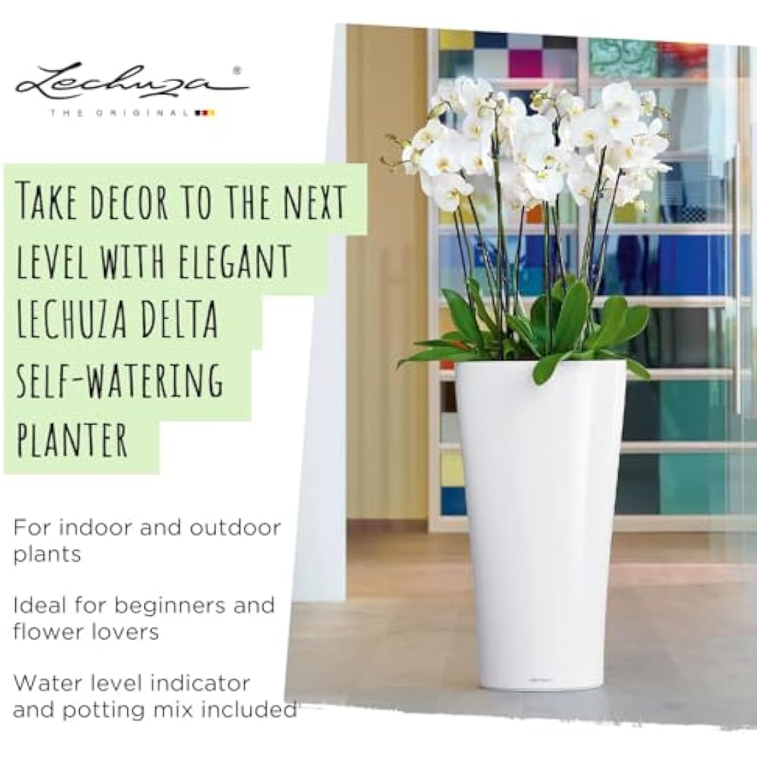 Lechuza Delta 40 Self-Watering Tall Planter – Charcoal Metallic Plastic