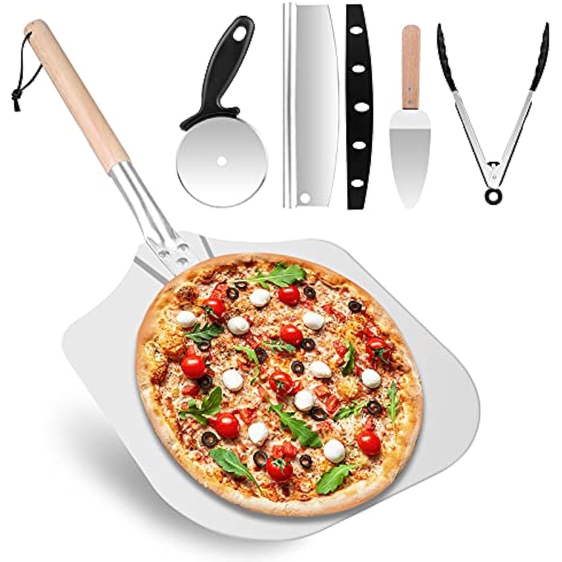 Sinbury 5-Piece Pizza Peel Set – 12 Inch Aluminum Paddle & Rocker Cutter