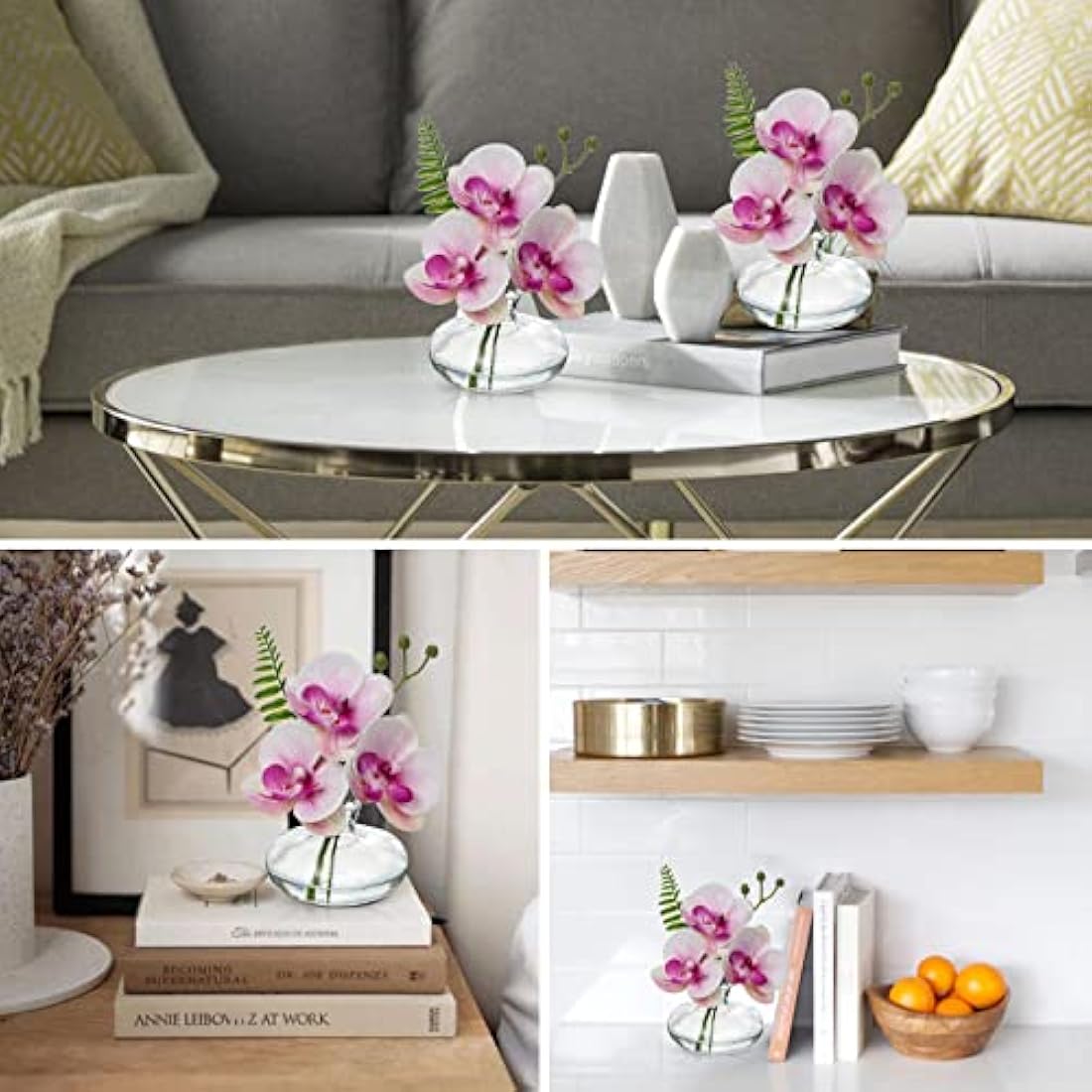 Briful Set of 3 Pink Artificial Orchids in Glass Vase - Real Touch Faux Flowers