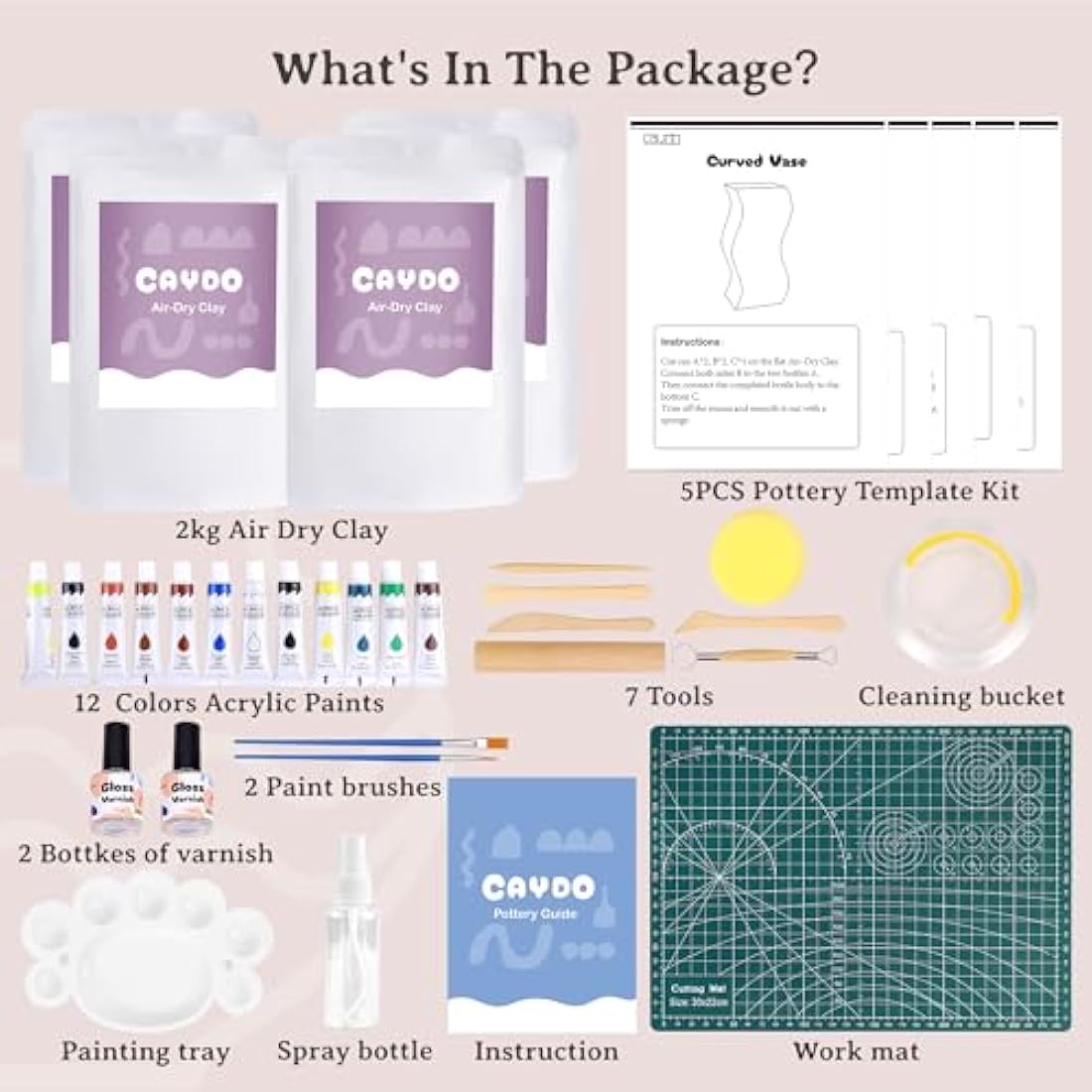 Caydo 2KG Air Dry Clay Pottery Kit for Beginners - DIY Ceramic Set