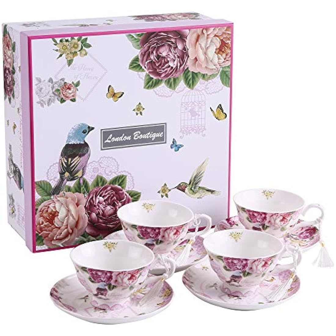 London Boutique Vintage Bone China Tea Cup and Saucer Set - 4 Piece