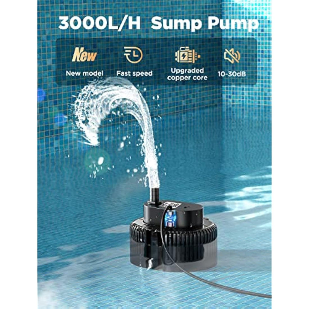 Lnicez Submersible Water Pump - 3000L/H 75W with 5m Hose for Pools & Ponds