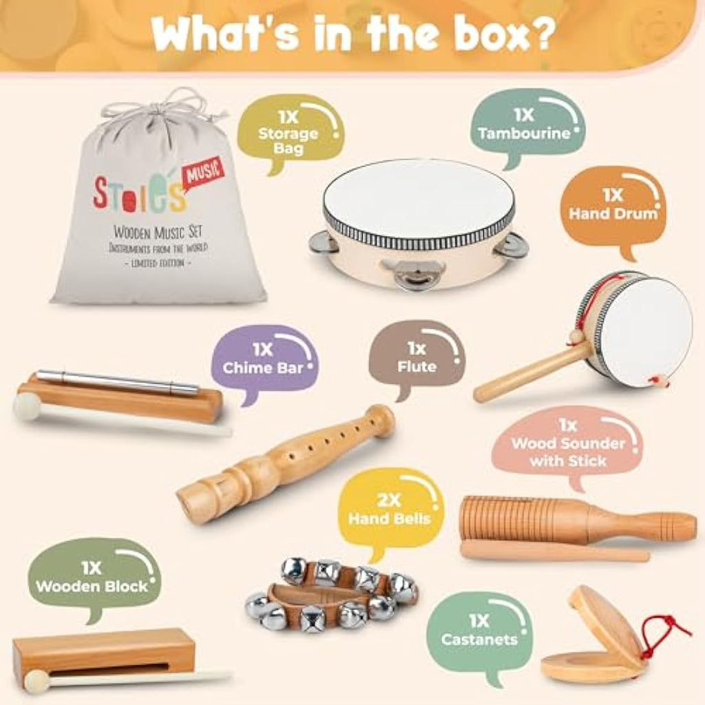 Stoie's Wooden Musical Instruments Set | 10-Piece Montessori Toy Kit