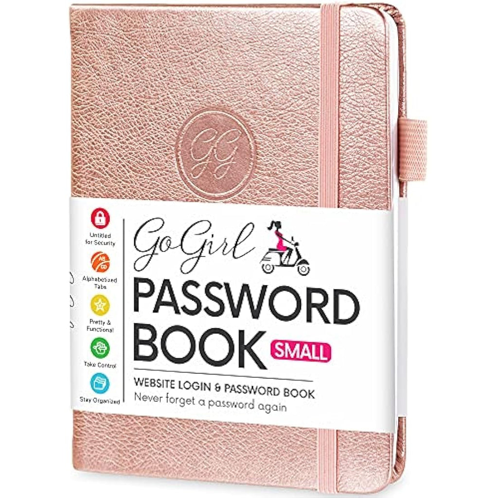GoGirl Password Book with Alphabetical Tabs – Rose Gold Logbook