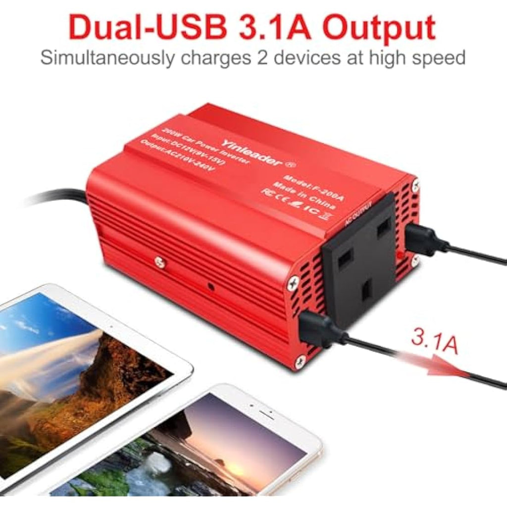 Yinleader 200W Power Inverter 12V to 240V UK Socket Dual USB Car Adapter