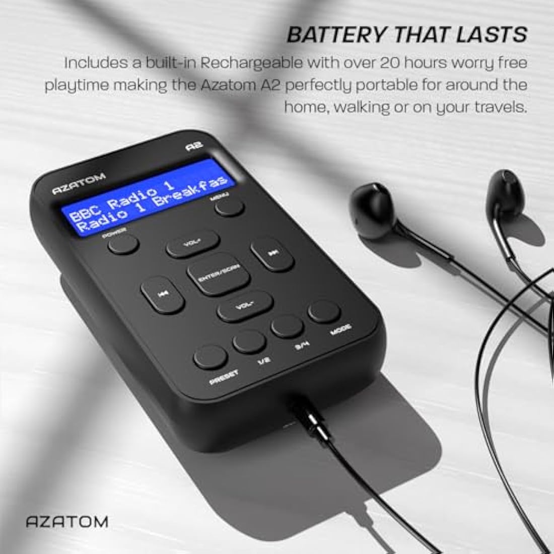 Azatom A2 Portable DAB/DAB+ & FM Digital Radio with Sports Earphones