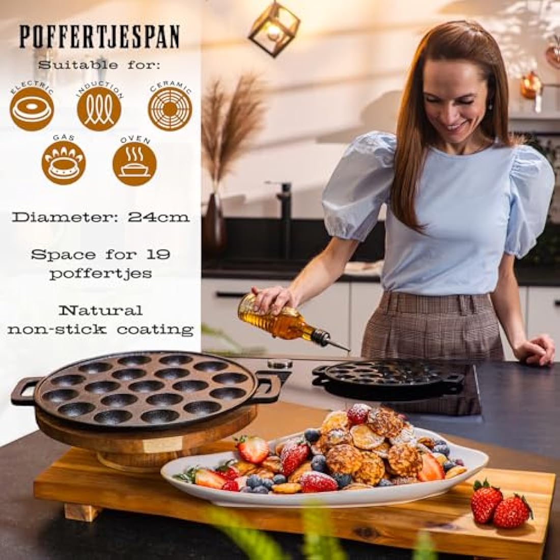 IRONO Cast Iron Poffertjes Pan – 19 Hole Mini Pancake Maker Set