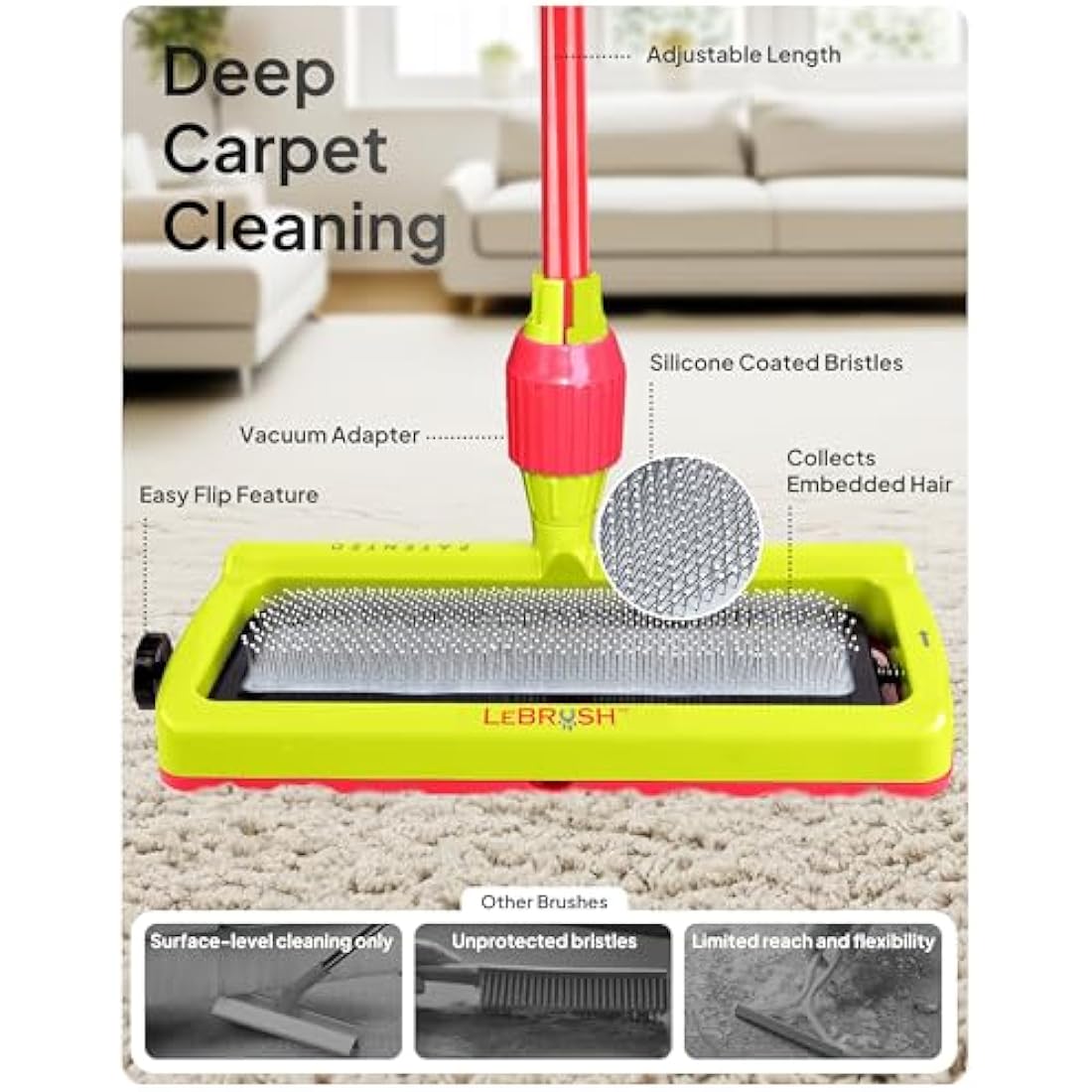 LeBRUSH 2.0 Pet Hair Remover Broom – Carpet Rake with Extendable Handle