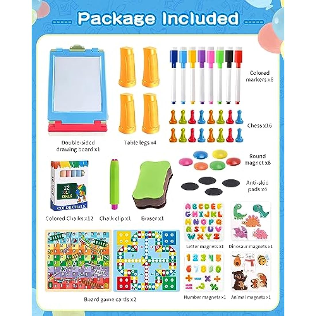 Elovien 4-in-1 Kids Art Easel | Foldable Magnetic Tabletop Board - Blue