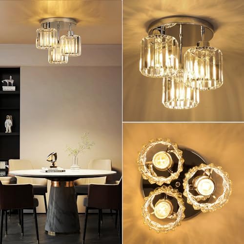 FORCOSO Modern Crystal Ceiling Light – 3-Light Chrome Semi Flush Chandelier