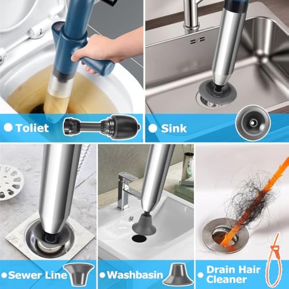 High Pressure Toilet Plunger Set – Heavy Duty Drain Unblocker