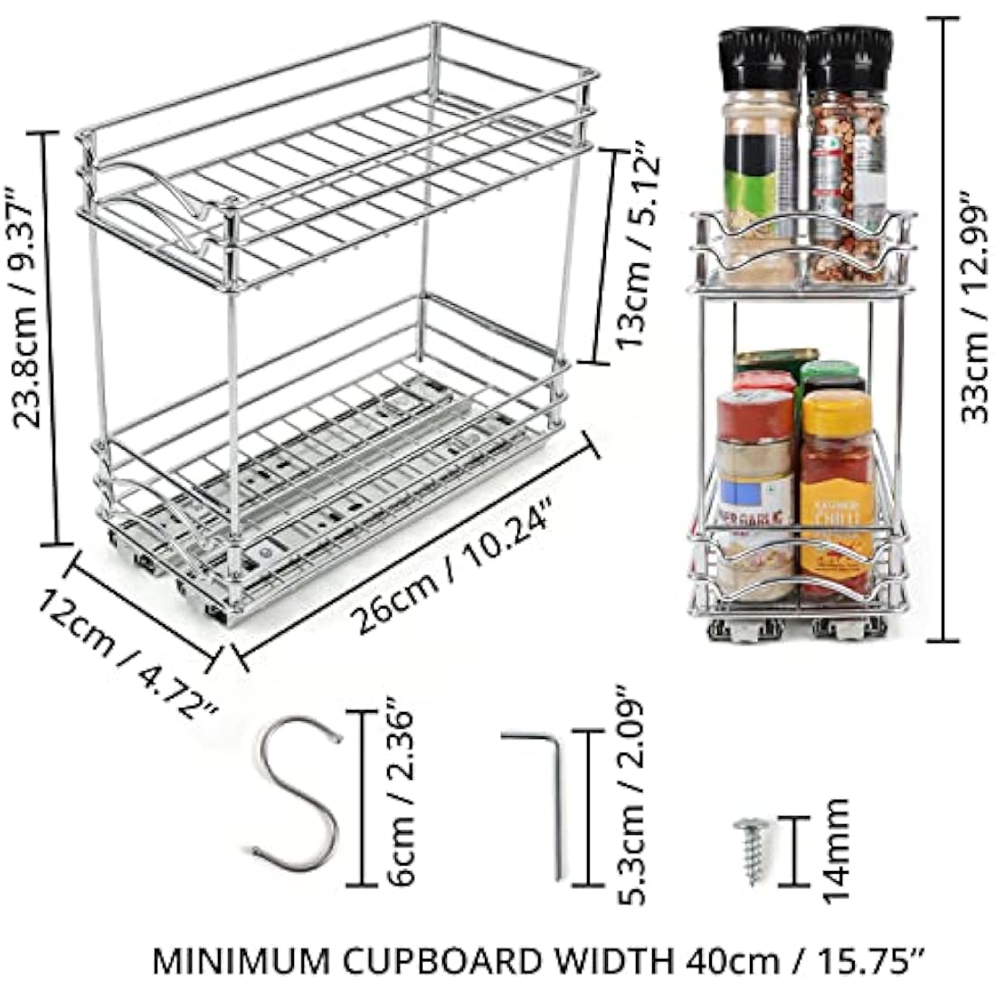 BELLE VOUS 2-Tier Pull Out Spice Rack – Heavy-Duty Sliding Kitchen Organiser