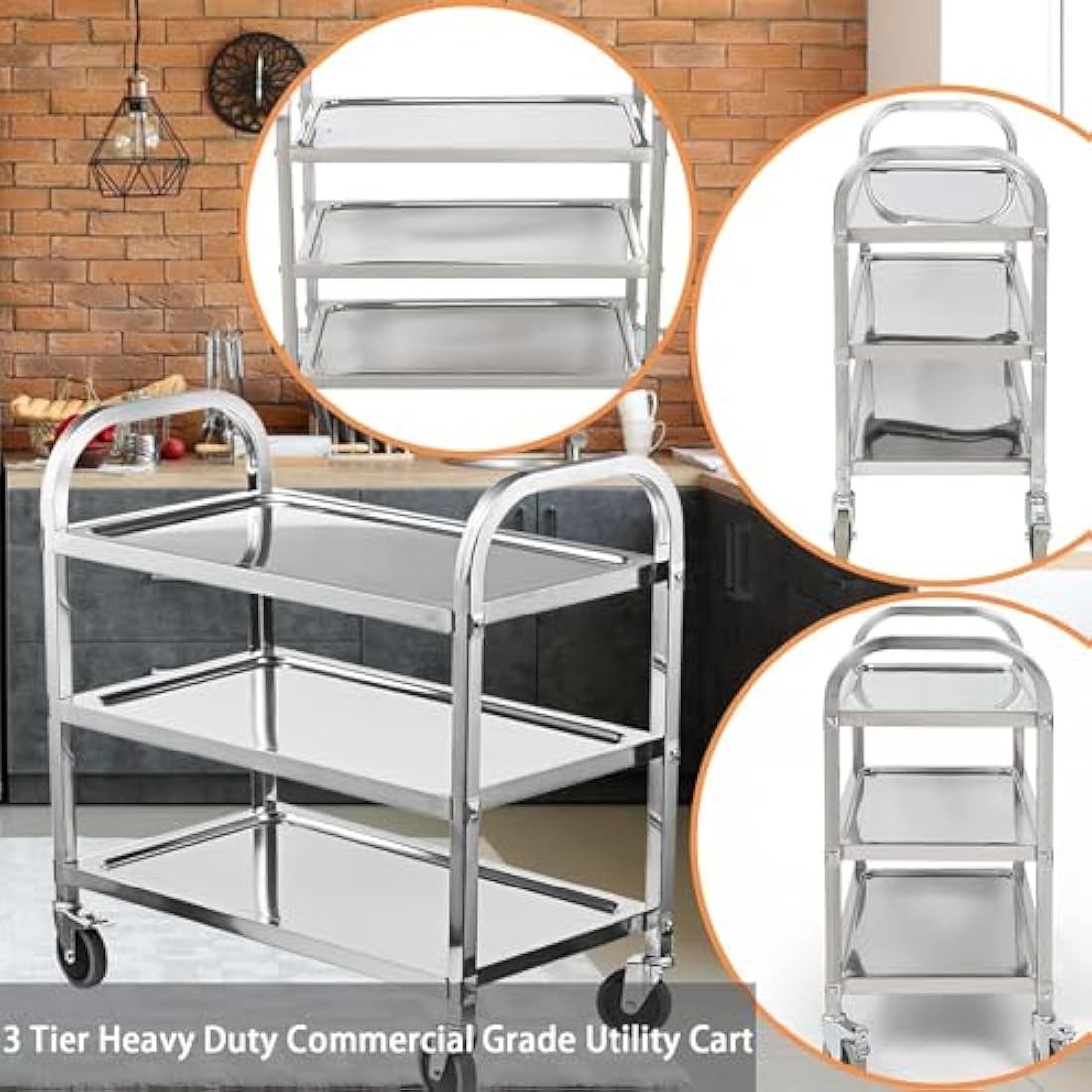 3-Tier Stainless Steel Serving Trolley – Rolling Utility Cart