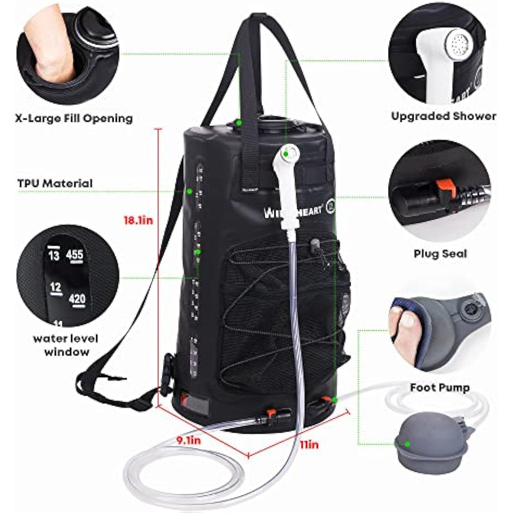 WILD HEART Portable Camping Shower Bag | 22L Solar Shower with Foot Pump