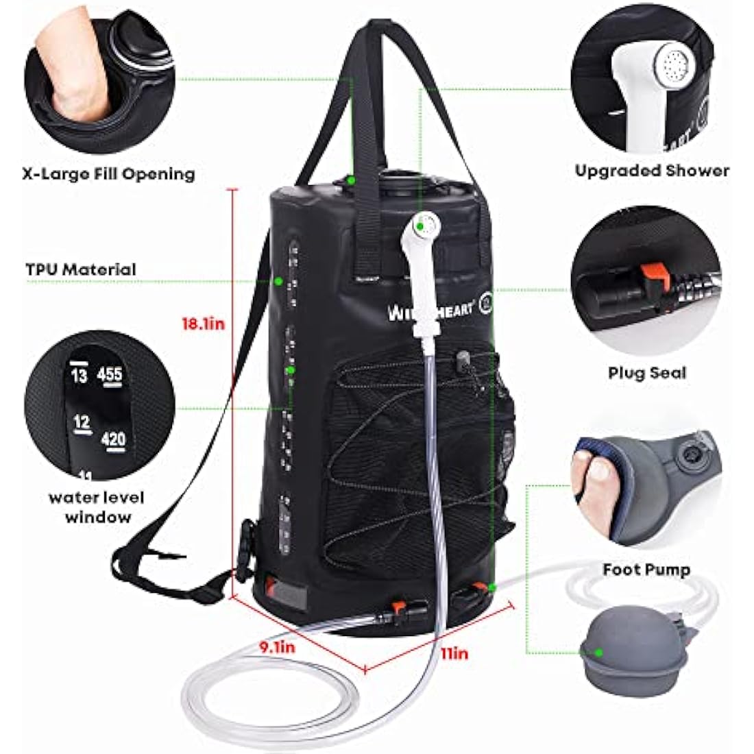 WILD HEART Portable Camping Shower Bag | 22L Solar Shower with Foot Pump