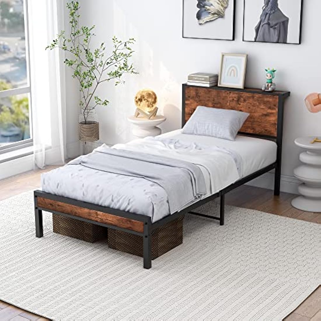 DUMEE Single Metal Bed Frame with Storage Headboard - Black & Brown