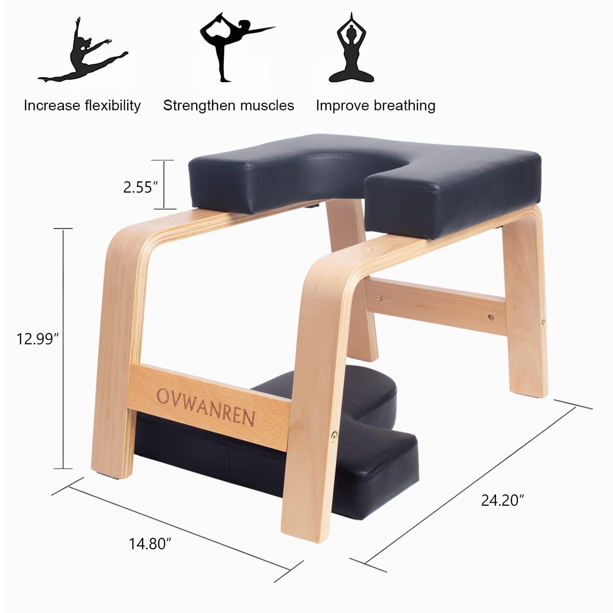 ovwanren Yoga Headstand Bench - Wood Inversion Chair with PU Pads, Black
