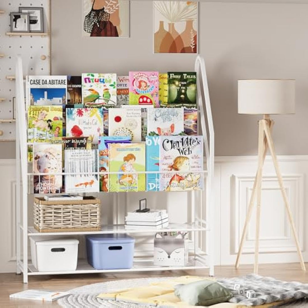 Kids Bookshelf – Metal Book and Toy Storage Organizer, White