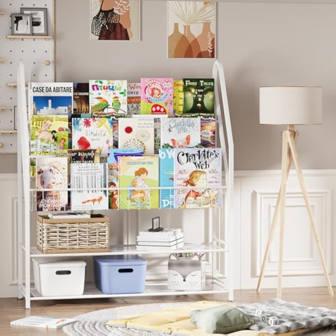 Kids Bookshelf – Metal Book and Toy Storage Organizer, White