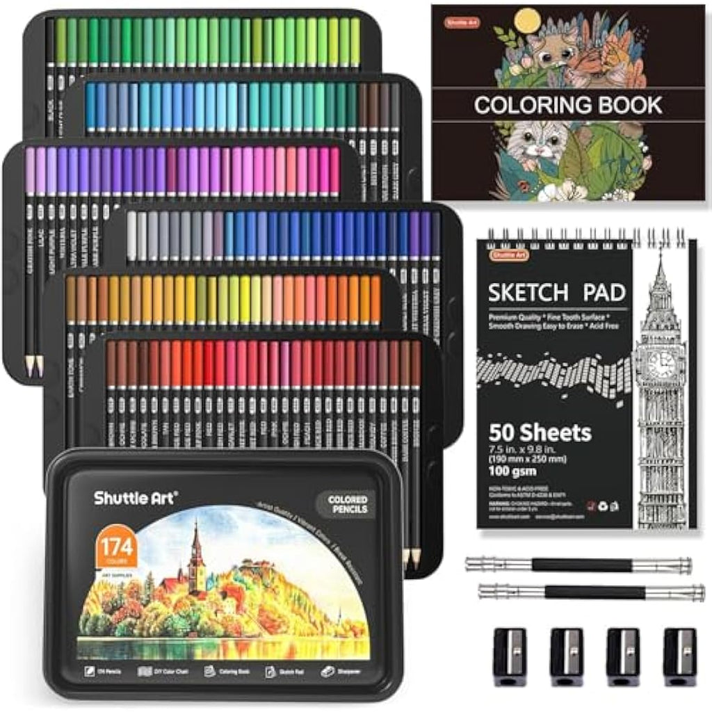 Shuttle Art 174 Professional Colouring Pencils Set with Sketch Pad