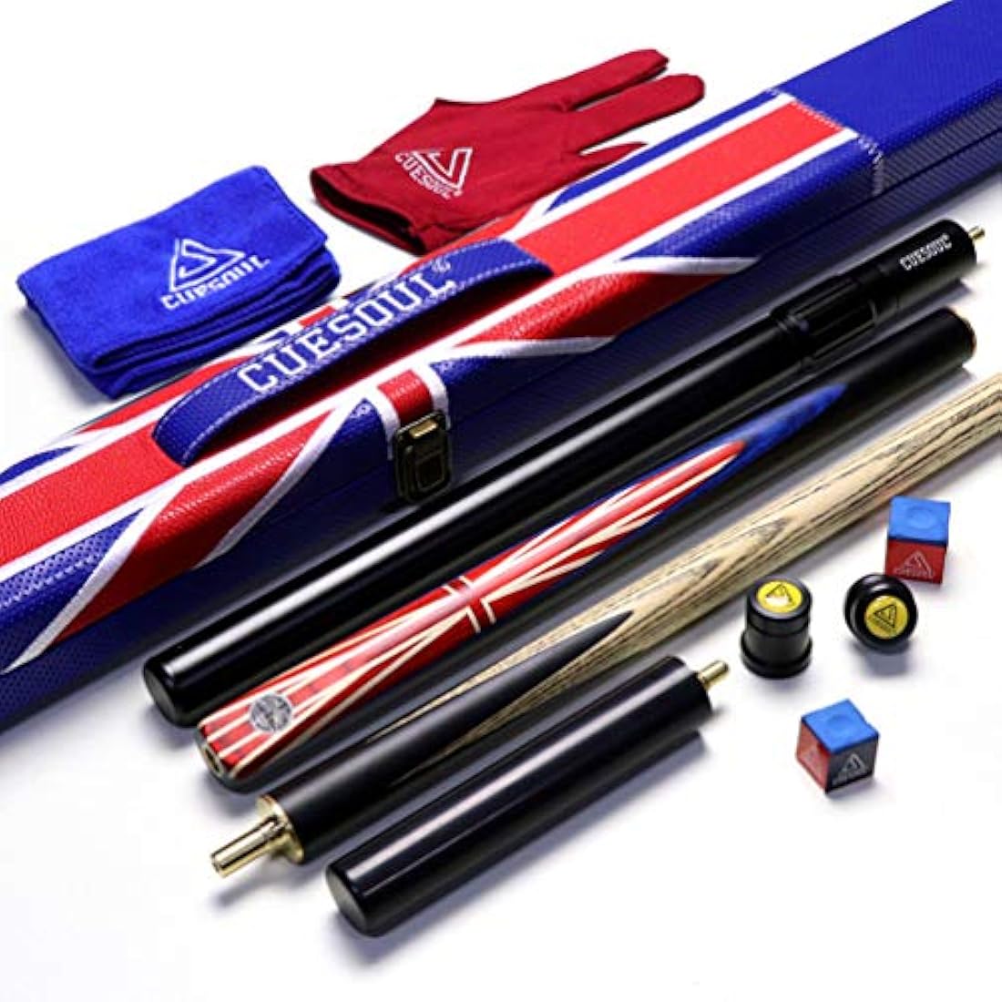 CUESOUL 57" Ebony Snooker Cue – 3/4 Jointed Ash Shaft with Union Jack