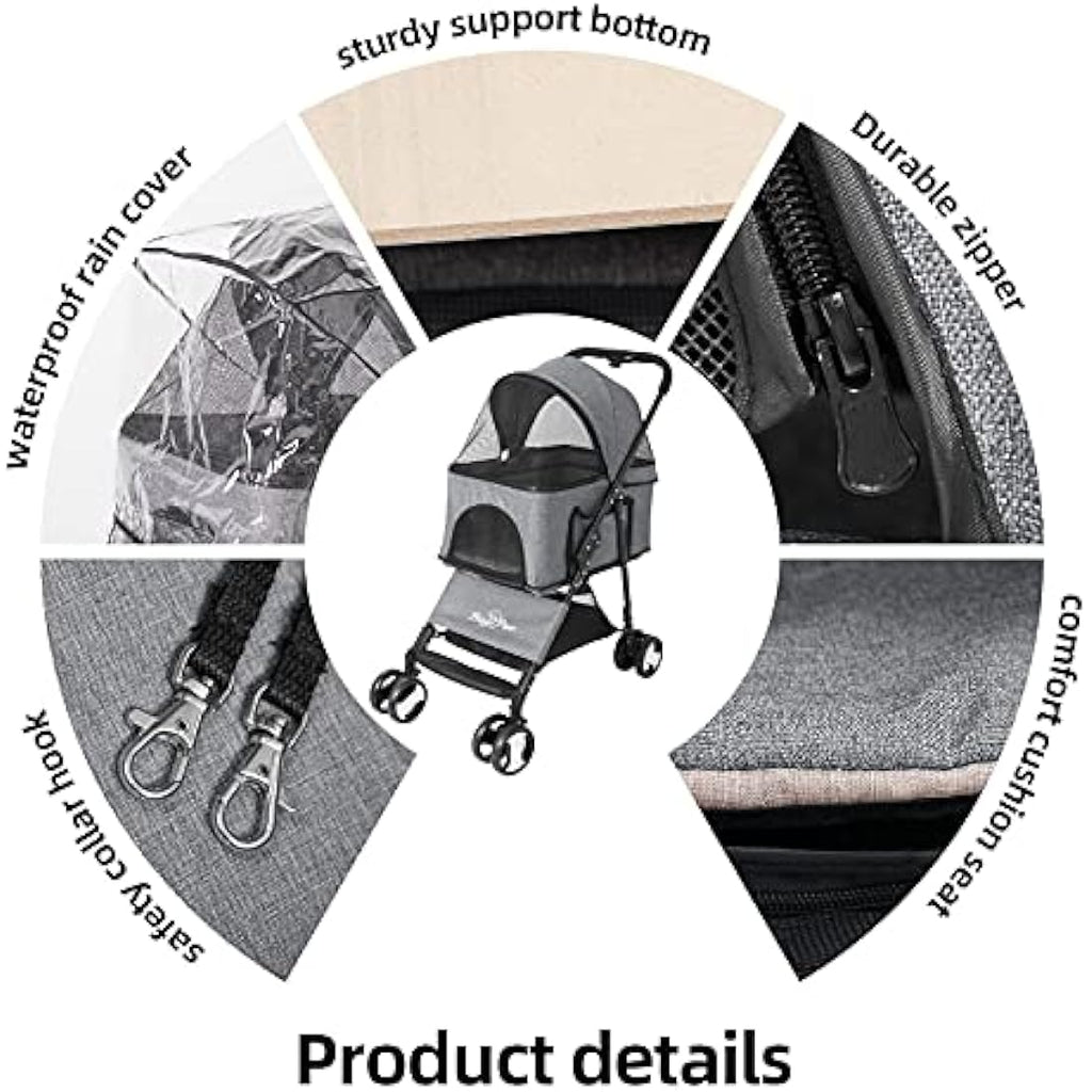 Bingopaw Foldable Pet Stroller | 4-Wheel Dog & Cat Pram with Rain Cover