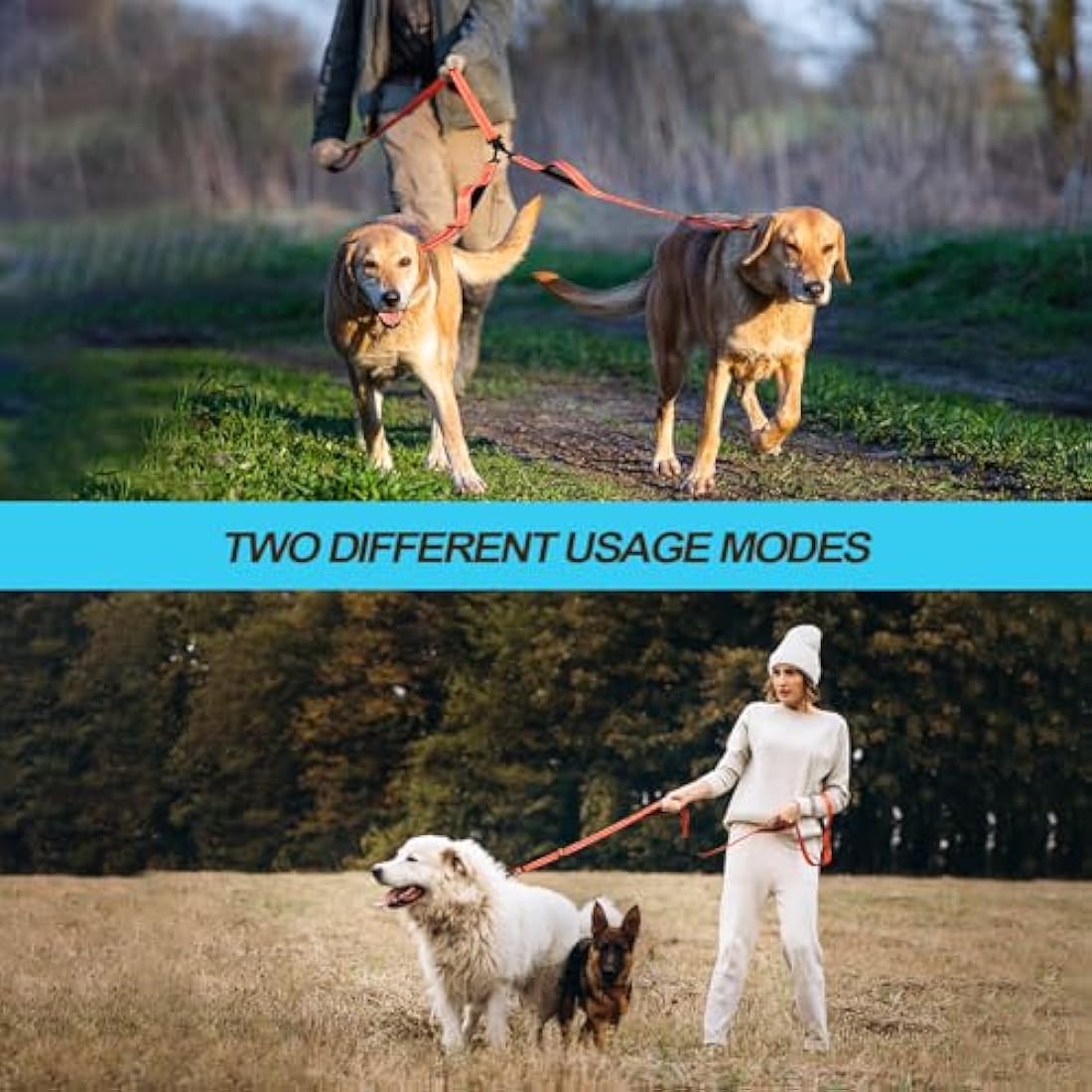 PetBonus Double Dog Leash – No Tangle Reflective Dual Lead with 4 Handles