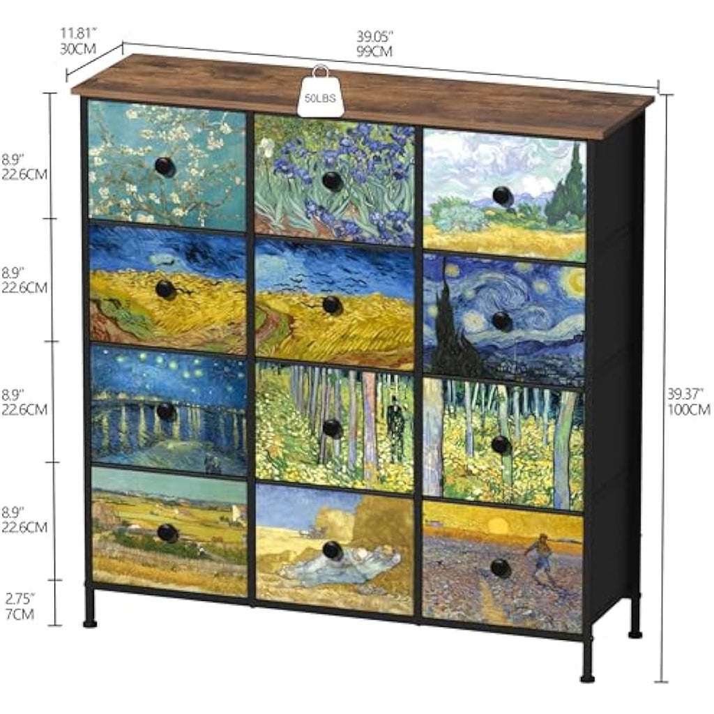 VEDECASA 12 Drawer Fabric Dresser – Van Gogh Tall Storage Chest