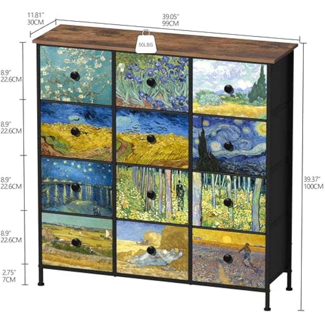 VEDECASA 12 Drawer Fabric Dresser – Van Gogh Tall Storage Chest
