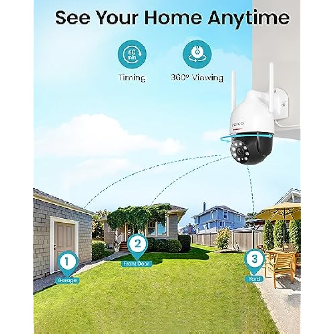 DEKCO 2K Outdoor Security Camera – 350° Pan/Tilt Motion Tracking