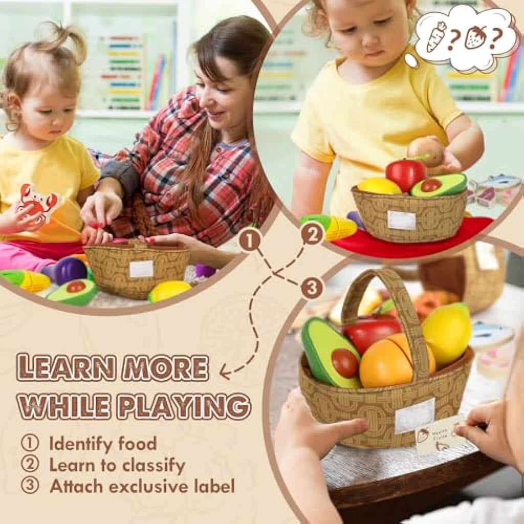 Lehoo Castle Wooden Play Food Set – 23pc Montessori Kitchen Toy with Baskets