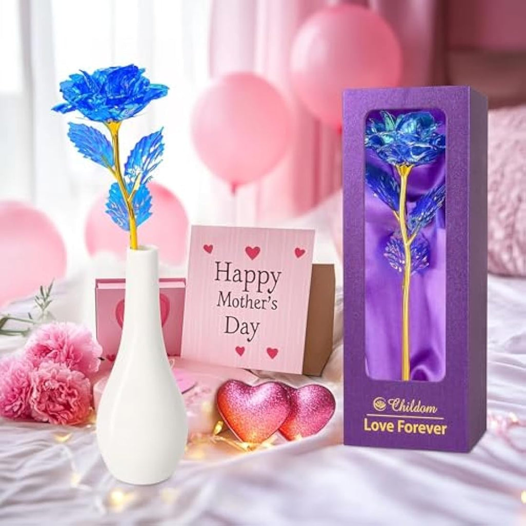 Artificial Blue Rose Flower with Vase – Everlasting Gift Set