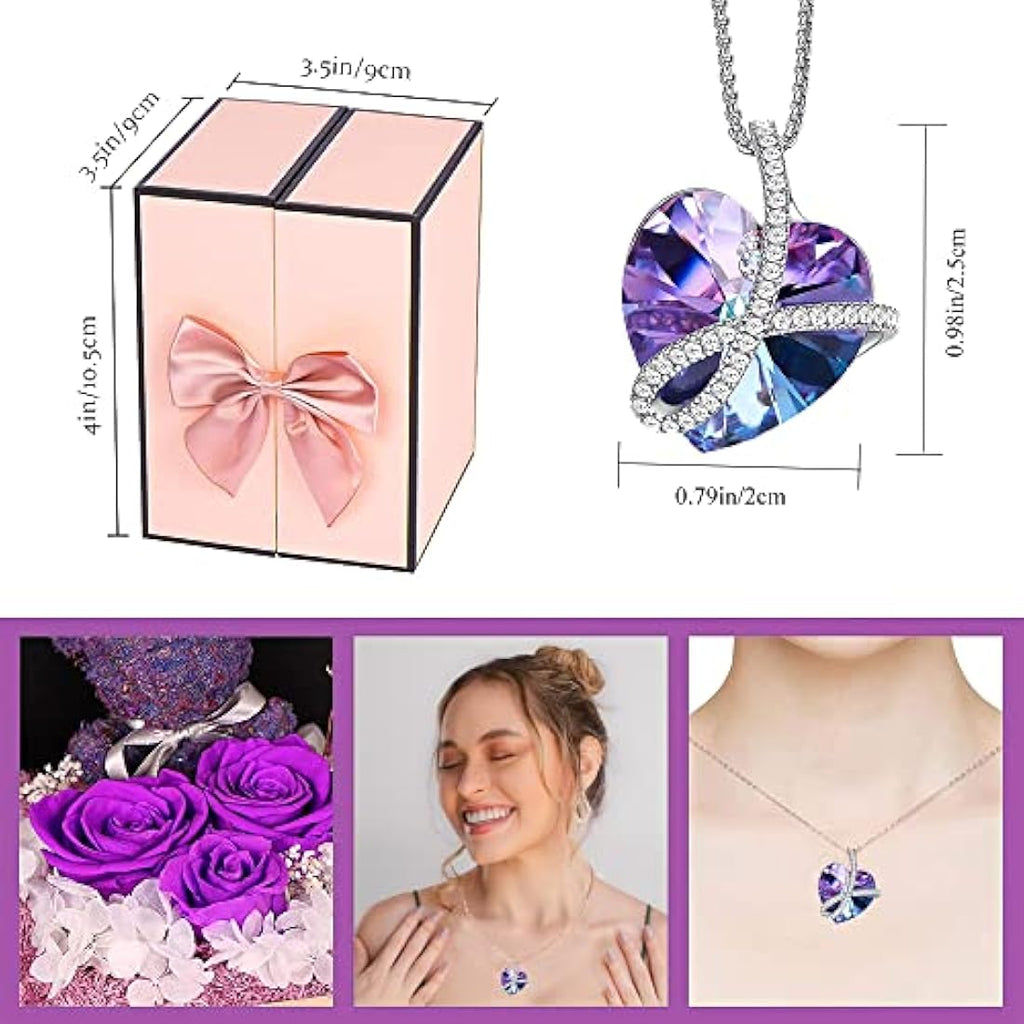 Preserved Purple Rose Moss Bear with Heart Crystal Necklace