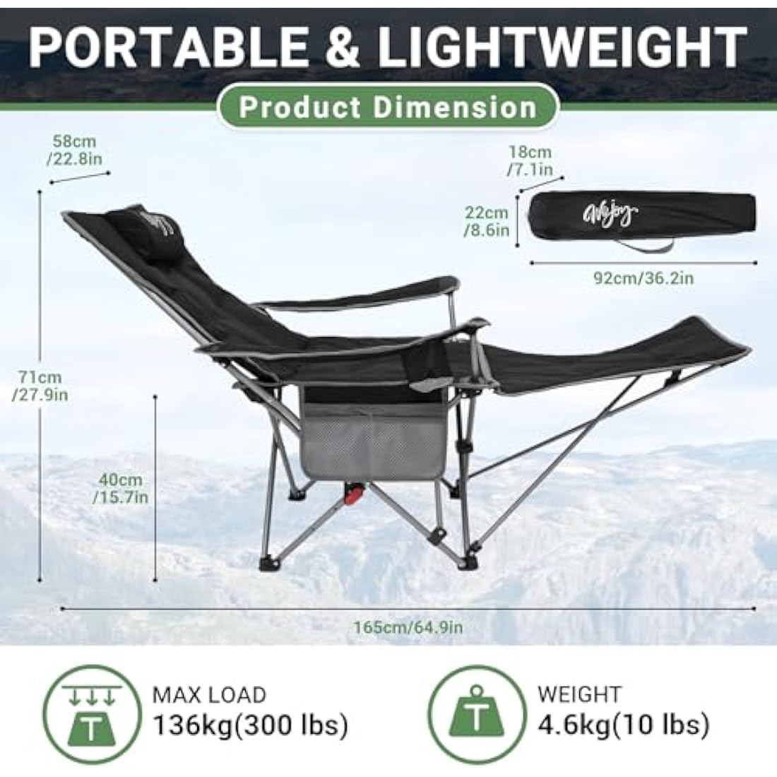 #WEJOY Folding Reclining Camping Chairs with Footrest, Black, Set of 2