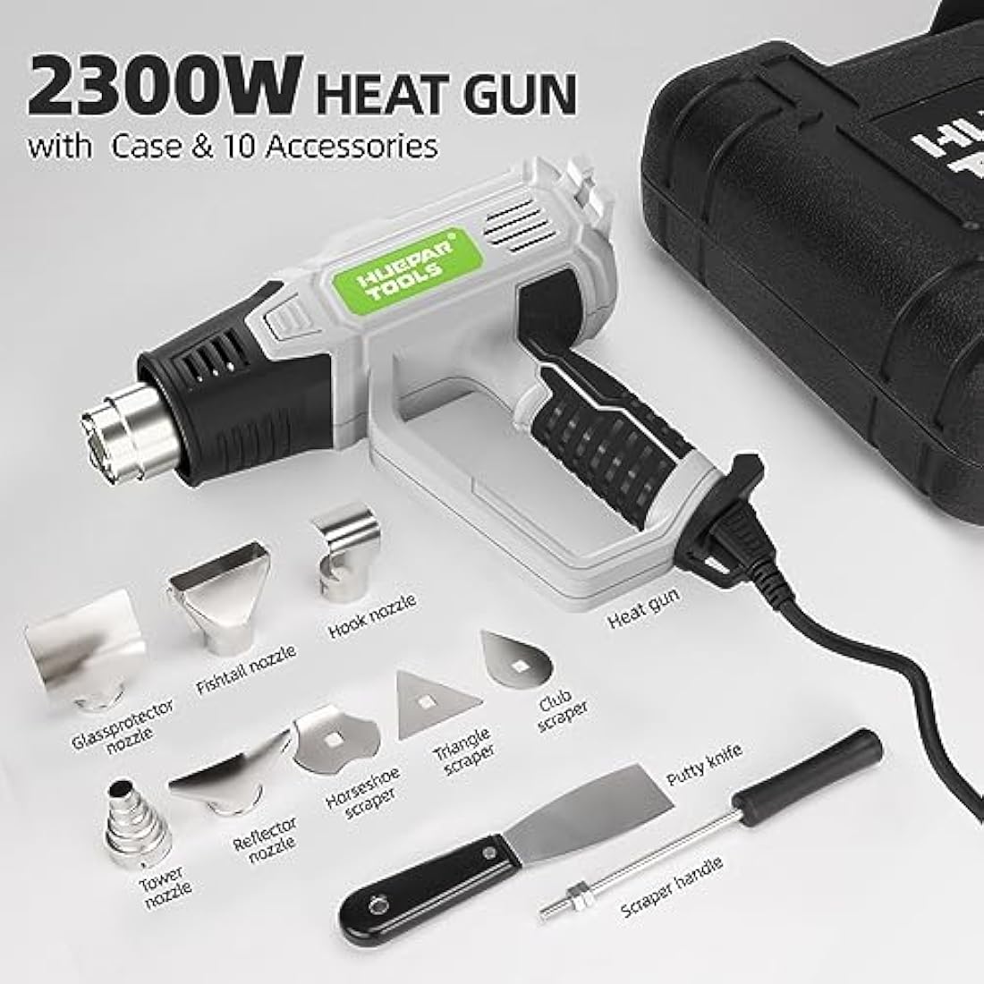 Huepar Tools 2300W Heat Gun - Digital LCD Hot Air Gun Kit with 10 Accessories