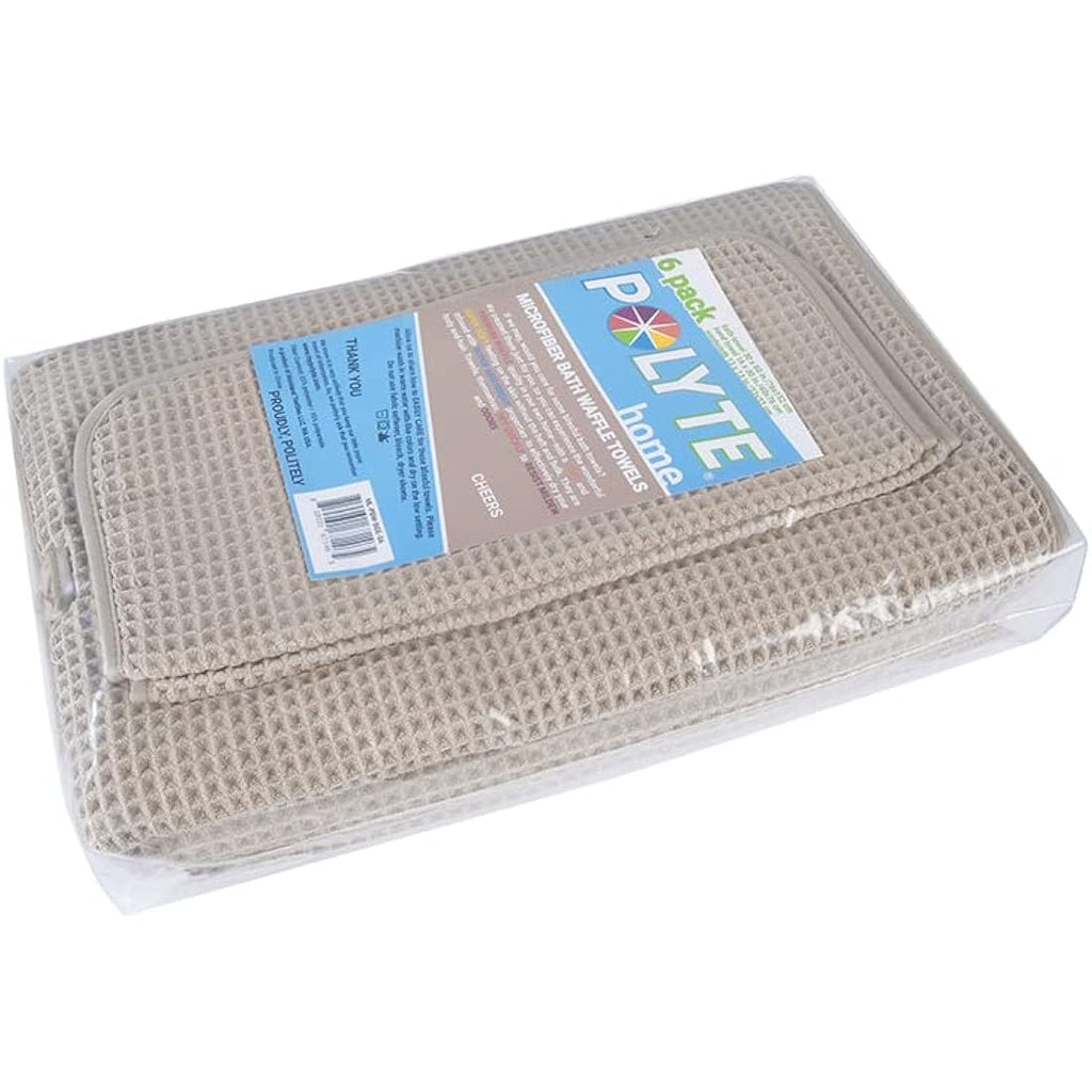 Polyte 6-Piece Microfiber Bath Towel Set – Quick Dry Waffle Weave, Beige