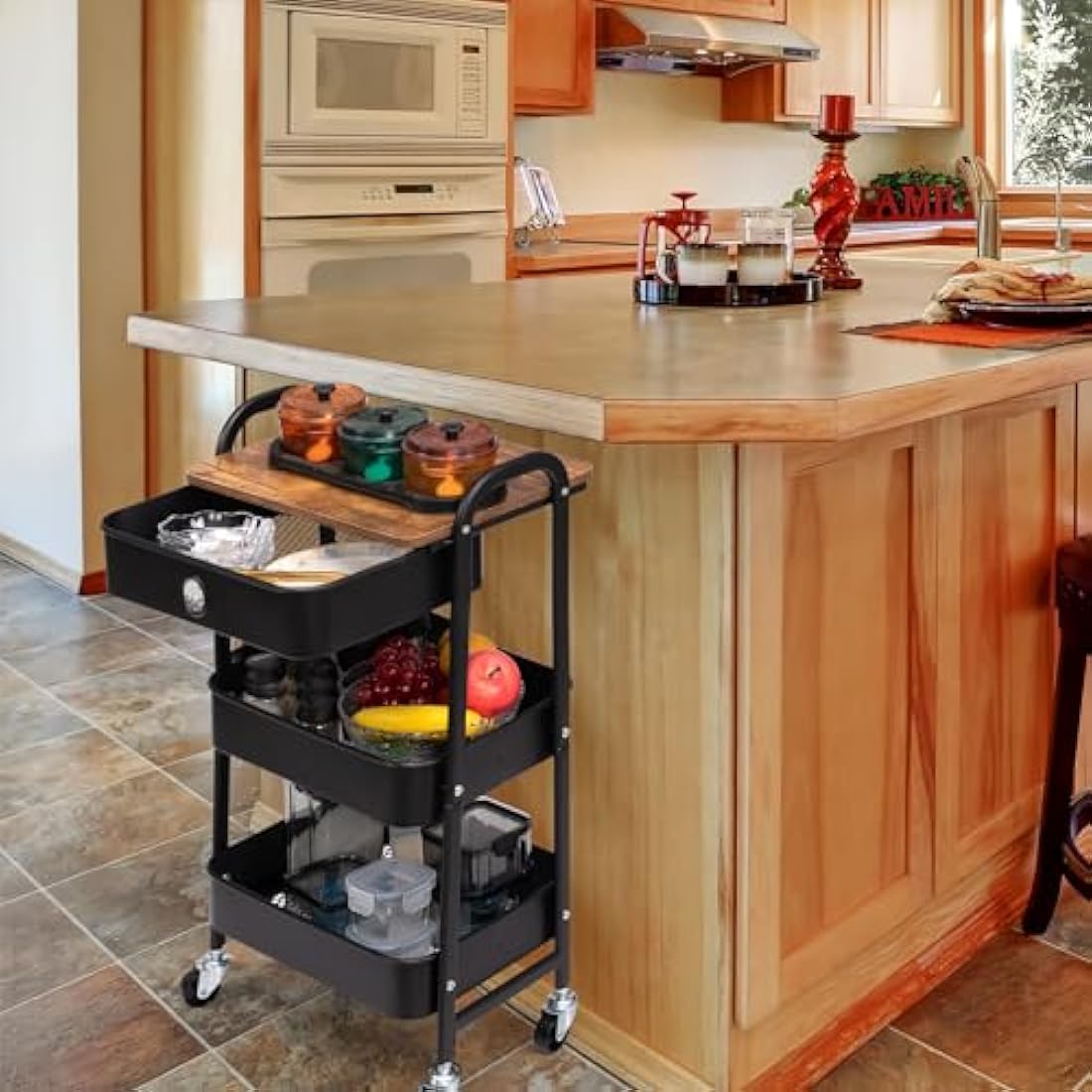 3-Tier Metal Rolling Storage Cart with Drawer | Black