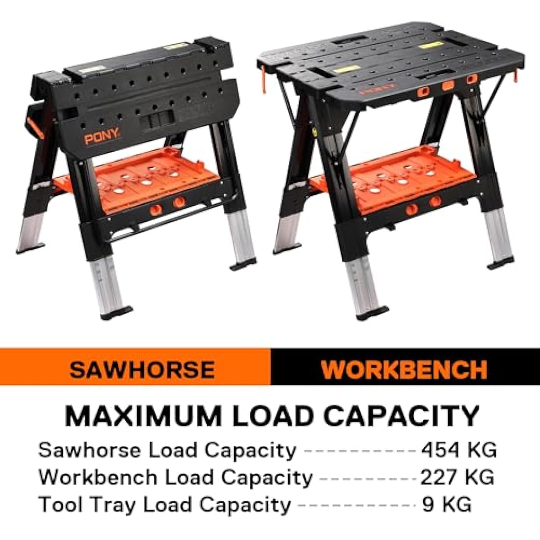 PONY 2-in-1 Folding Workbench | 454kg Sawhorse with 6 Adjustable Heights