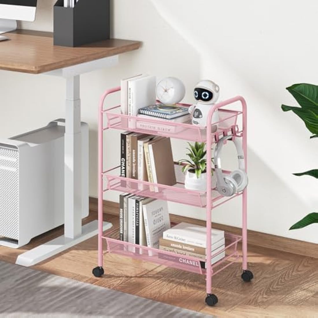 APEXCHASER 3-Tier Rolling Utility Cart | Metal Storage Trolley - Pink