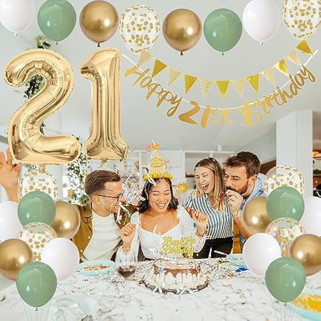 21st Birthday Decorations - Sage Green & Gold Party Supplies Kit
