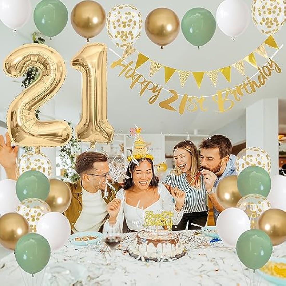 21st Birthday Decorations - Sage Green & Gold Party Supplies Kit
