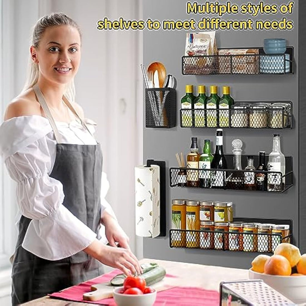 Kmise 6-Piece Magnetic Spice Rack for Fridge – Black Metal Organizer