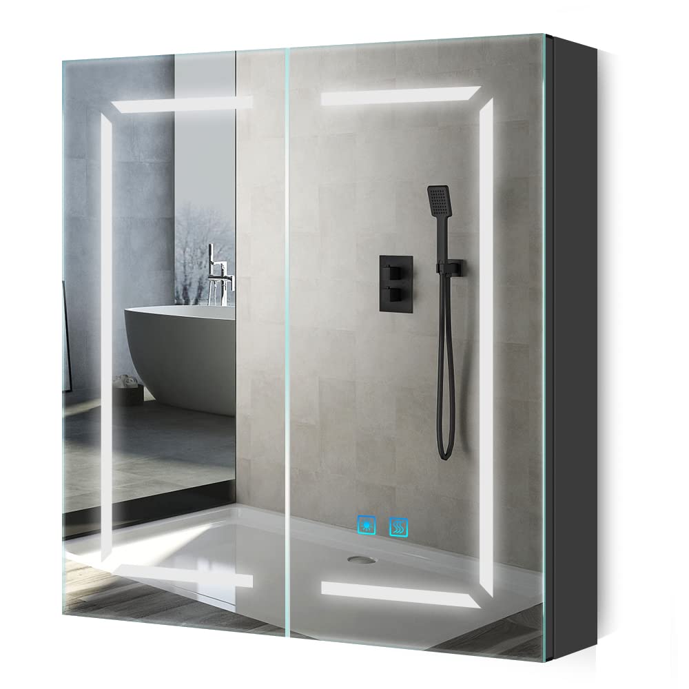 Quavikey LED Bathroom Mirror Cabinet with Shaver Socket & Demister – Black
