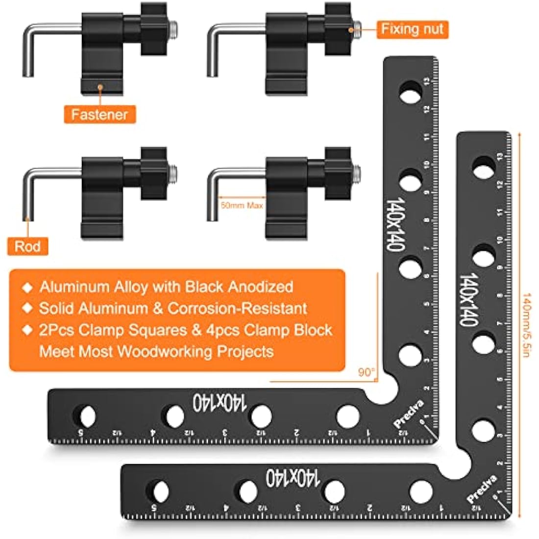 Preciva 90 Degree Right Angle Positioning Square Clamp - 5.5" Aluminum 2-Pack