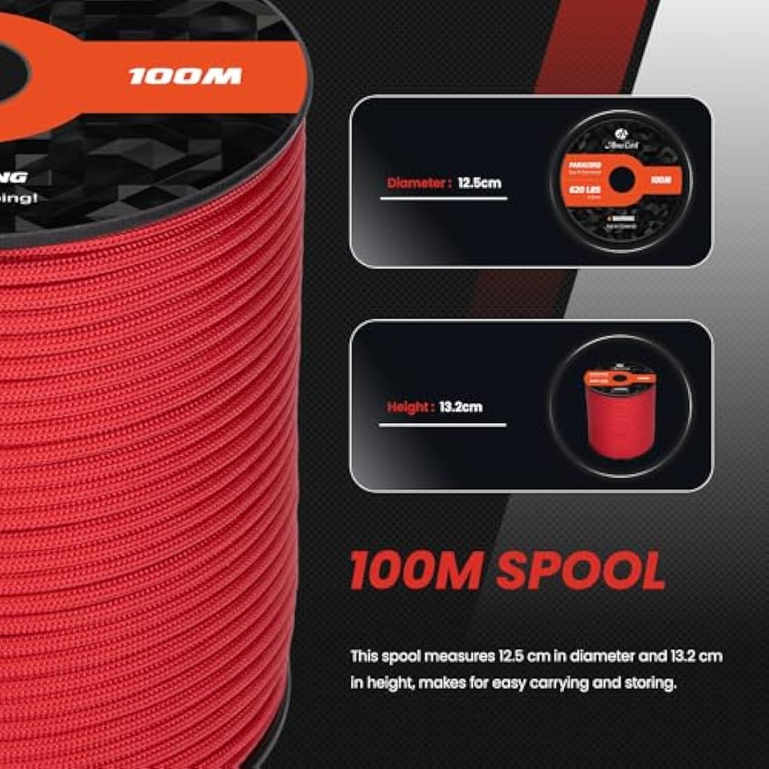 Abma Cord 4mm Type III Nylon Paracord – 9 Strands, 100m Rope (Red)