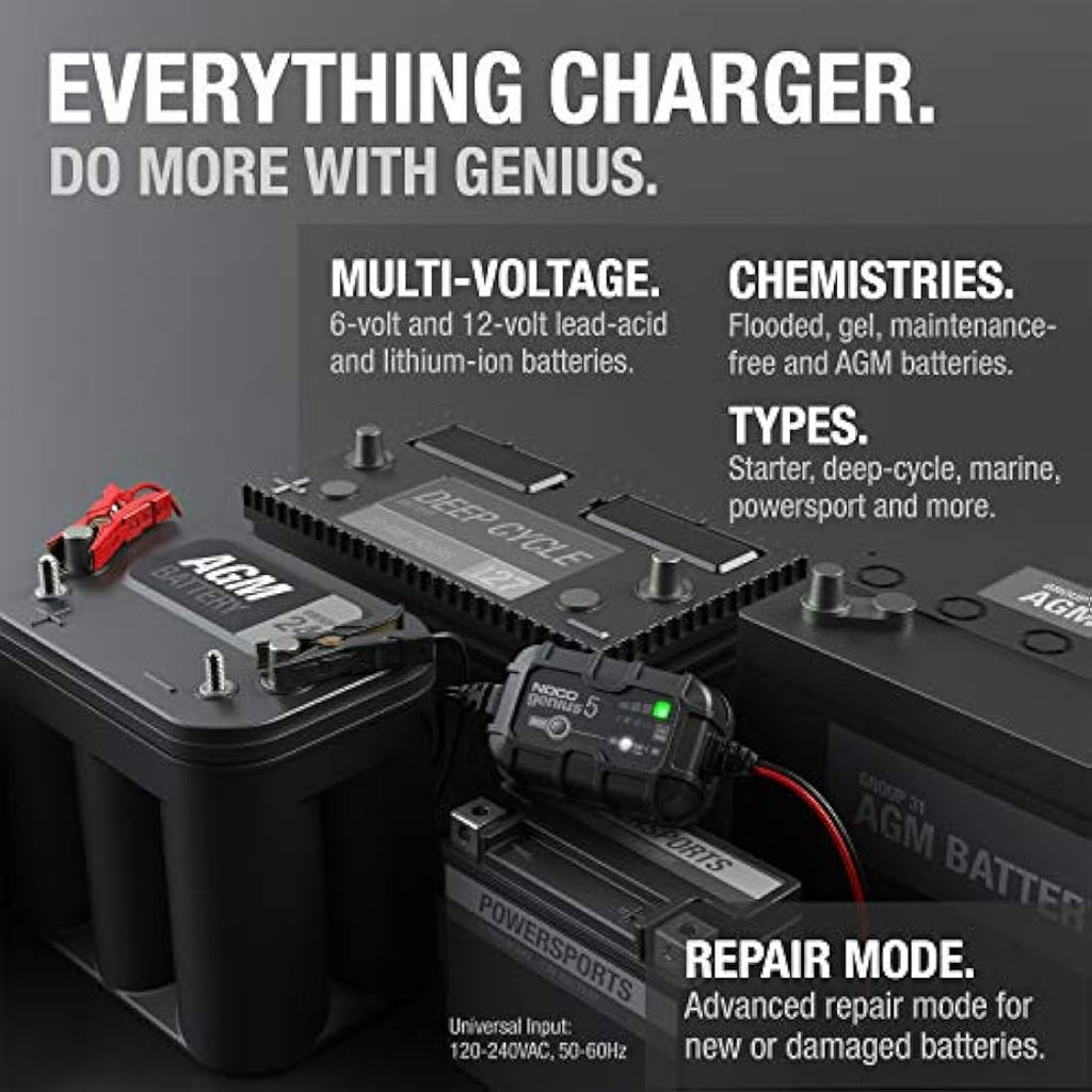 NOCO GENIUS5 5A Smart Battery Charger - 6V/12V Maintainer & Desulfator