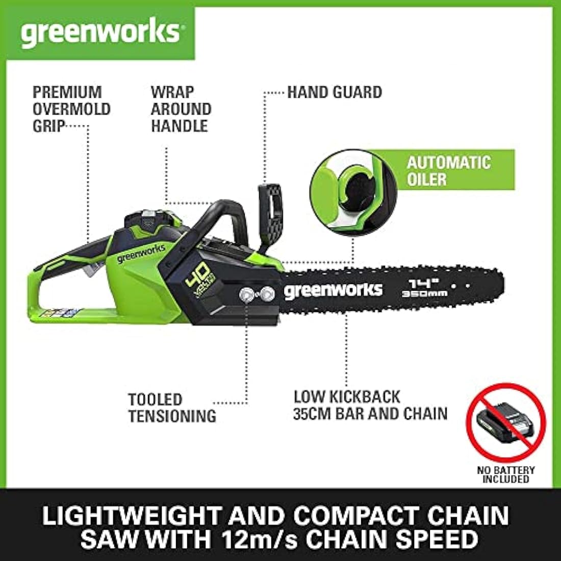 Greenworks 40V Brushless Cordless Chainsaw | 35cm Bar, 12m/s (Tool Only)